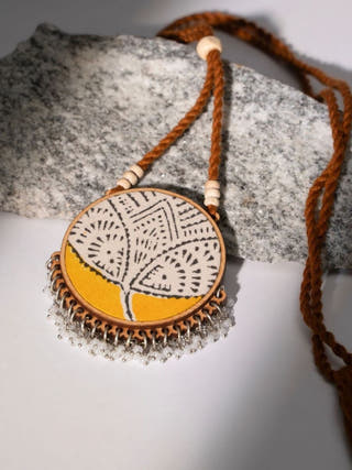 Two in One Pink Yellow Repurposed Fabric and Wood Round Pendant