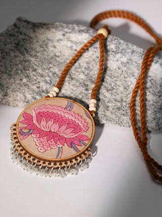 Two in One Pink Yellow Repurposed Fabric and Wood Round Pendant