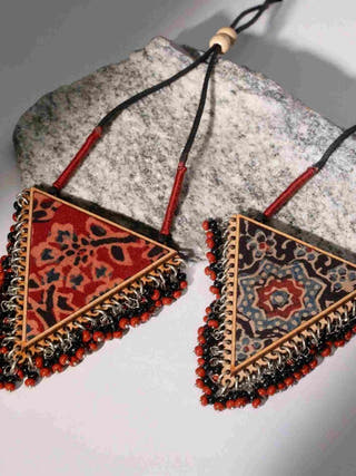 Two in One Multicolor Repurposed Fabric and Wood Triangle Pendant