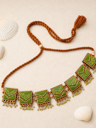 Kantha Green Repurposed Silk Fabric and Wood Necklace