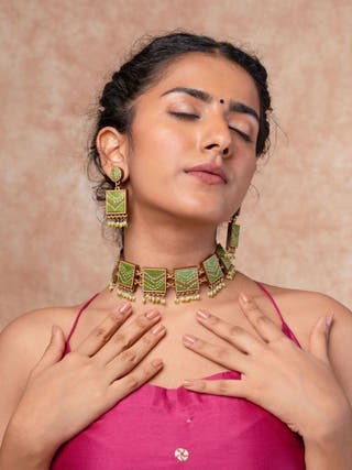 Kantha Green Repurposed Silk Fabric and Wood Necklace
