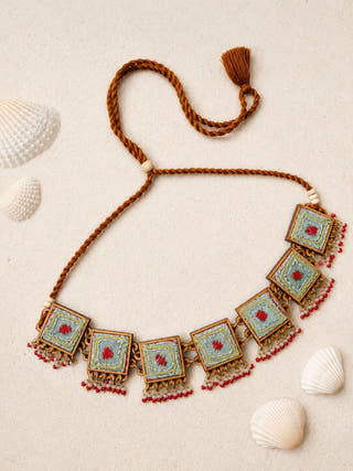 Kantha Columbia Blue Repurposed Silk Fabric and Wood Necklace