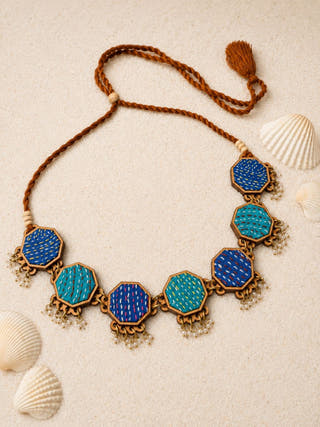Neel Tarang Kantha Repurposed Silk Fabric and Wood Necklace