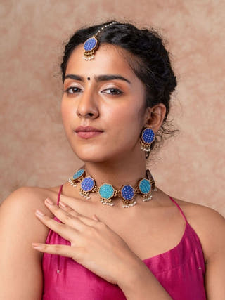 Neel Tarang Kantha Repurposed Silk Fabric and Wood Necklace