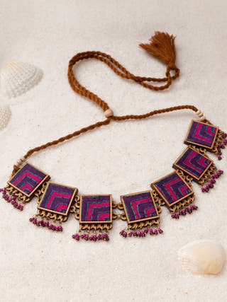 Pink Purple Kantha Repurposed Silk Fabric and Wood Necklace