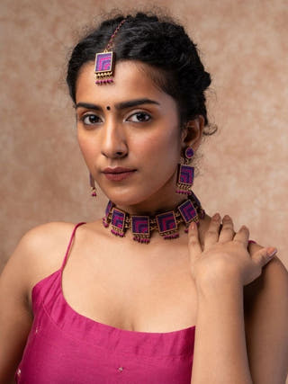 Pink Purple Kantha Repurposed Silk Fabric and Wood Necklace
