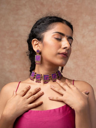 Pink Purple Kantha Repurposed Silk Fabric and Wood Necklace