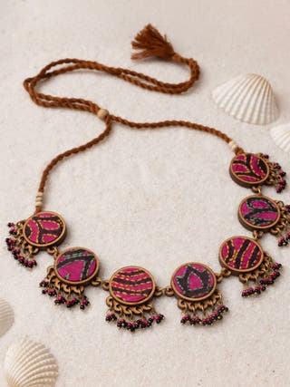 Multicolor Kantha Silk Fabric and Repurposed Wood Necklace