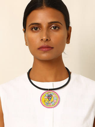 Madhubani Peacock Leather Puppet Choker Pendant