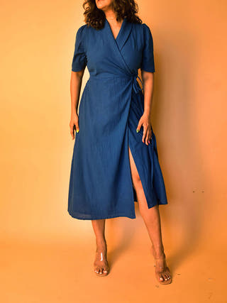 Aria Wrap Dress Blue - Cotton Women Cotton Dress in Blue color