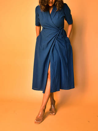 Aria Wrap Dress Blue - Cotton Women Cotton Dress in Blue color