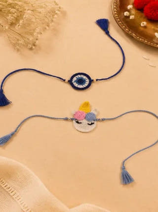 Handmade Crochet Unicorn & Evil Eye Rakhi Combo | Set of 2