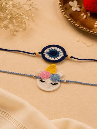 Handmade Crochet Unicorn & Evil Eye Rakhi Combo | Set of 2
