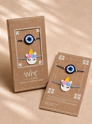 Handmade Crochet Unicorn & Evil Eye Rakhi Combo | Set of 2