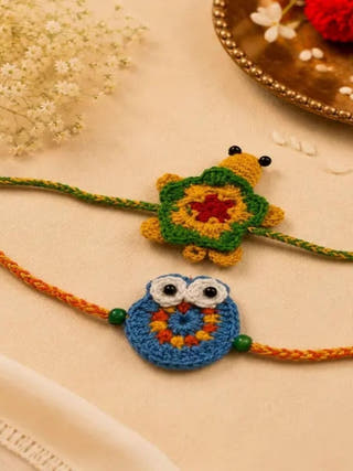 Handmade Crochet Turtle & Owl Rakhi Combo | Set of 2