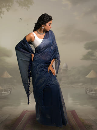 Jal Tarang Navy Blue Handloom Mul Cotton Saree