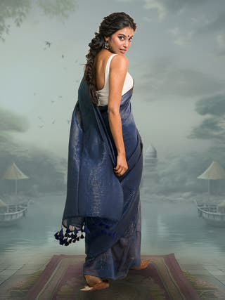 Jal Tarang Navy Blue Handloom Mul Cotton Saree