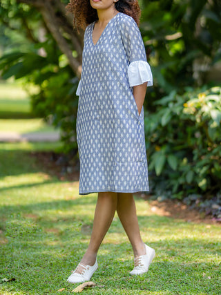 Powder blue Handwoven Ikat Shift Dress with contrast bell Sleeve Krushnachuda