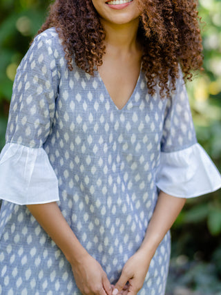 Powder blue Handwoven Ikat Shift Dress with contrast bell Sleeve Krushnachuda