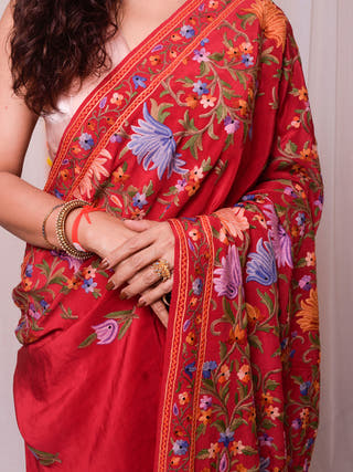 Aari Work Kashmiri Crepe Saree Red Forsarees