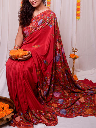 Aari Work Kashmiri Crepe Saree Red Forsarees