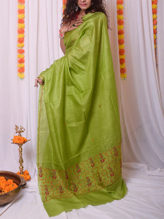 Sozni Work Kashmiri Silk Saree Green Forsarees