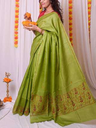 Sozni Work Kashmiri Silk Saree Green Forsarees