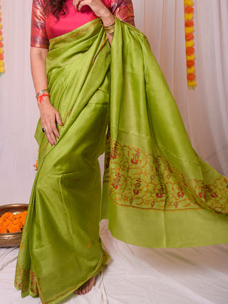 Sozni Work Kashmiri Silk Saree Green Forsarees