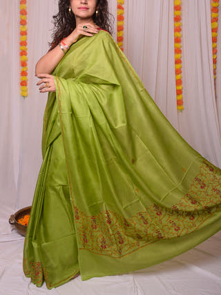 Sozni Work Kashmiri Silk Saree Green Forsarees