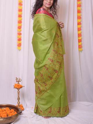 Sozni Work Kashmiri Silk Saree Green Forsarees