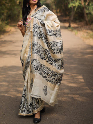 Kosa Silk Kantha Embroidery Saree Beige Forsarees