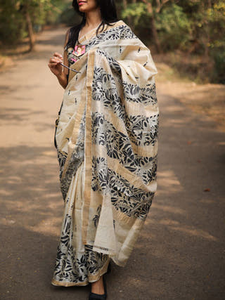 Kosa Silk Kantha Embroidery Saree Beige Forsarees