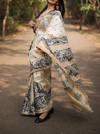 Kosa Silk Kantha Embroidery Saree Beige Forsarees