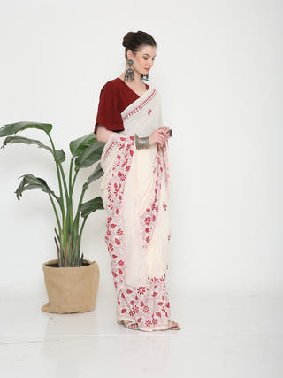 White Red Kantha Saree