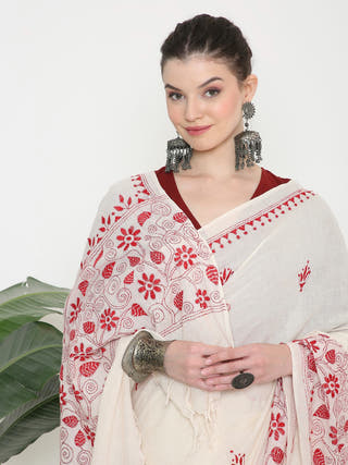 White Red Kantha Saree