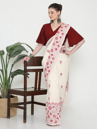 White Red Kantha Saree