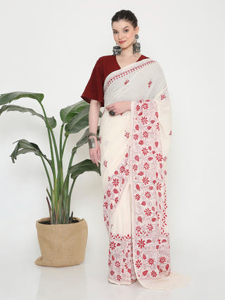 White Red Kantha Saree