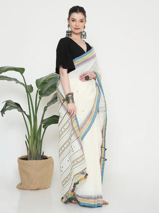 White Linen Bhujodi Saree