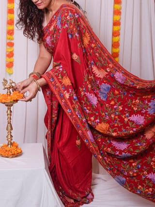 Aari Work Kashmiri Crepe Saree Red Forsarees