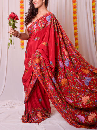 Aari Work Kashmiri Crepe Saree Red Forsarees