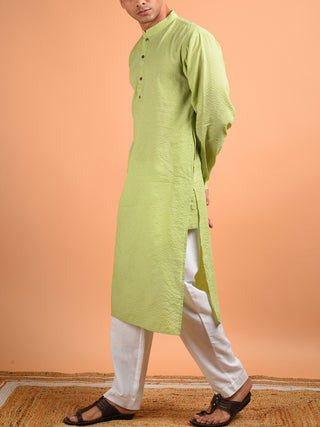Cotton Kantha Weaved Men's Kurta Pista Green Kalp