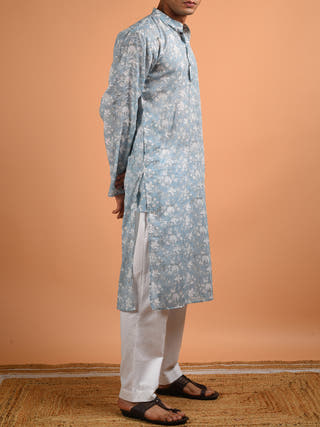 Mehtab Block Printed Men's Kurta Grey Kalp