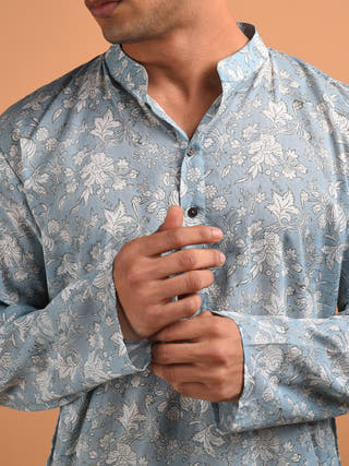 Mehtab Block Printed Men's Kurta Grey Kalp