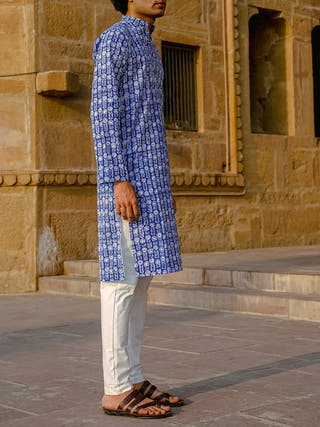 Palmette Hand-Block Kurta Blue Kalp