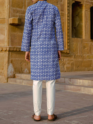 Palmette Hand-Block Kurta Blue Kalp