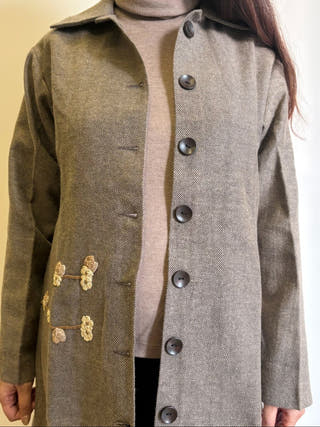 Beige Striped Straight Fit Woollen Jacket