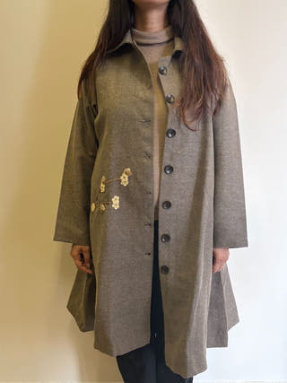 Beige Striped A-Line Woollen Jacket