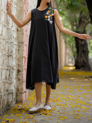 Black A-Line Dress With Floral Hand Embroidery | Flourish Planet L Black A-Line Dress With Floral Hand Embroidery | Flourish Planet L