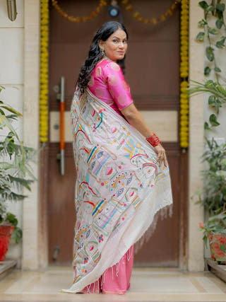 Kantha Pink Faces Saree SoulWeaves