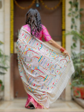 Kantha Pink Faces Saree SoulWeaves
